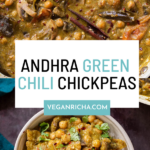 photos of Andhra green chili chickpeas in the pan and bowl, text overlay