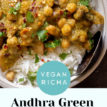 Andhra green chili chickpeas in the bowl, text overlay