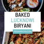 Lucknowi biryani in a bowl and in the pan, text overlay