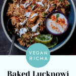 Lucknowi biryani in a bowl, text overlay