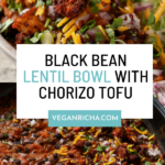tofu chorizo burrito bowl in a bowl and in the pan, text overlay