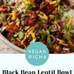 tofu chorizo burrito bowl, text overlay