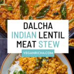 pan and bowl of vegan dalcha, text overlay