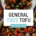 General Tso's tofu in a bowl and in the pan, text overlay