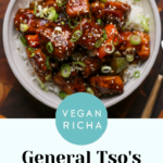 General Tso's tofu in a bowl, text overlay