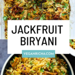 bowl and panful of jackfruit biryani, text overlay