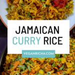 bowl and pan of Jamaican curry rice, text overlay