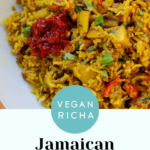 bowl of Jamaican curry rice, text overlay