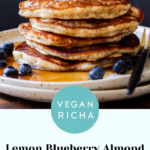 gluten-free lemon blueberry pancakes, text overlay