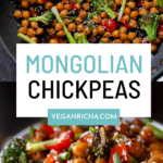 image collage showing a panful and a bowl of Mongolian chickpeas, text overlay