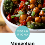bowl of Mongolian chickpeas, text overlay