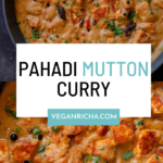 photos of a panful of Pahadi curry, text overlay