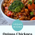 quinoa chickpea casserole in a bowl, text overlay