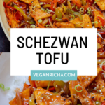 Szechuan tofu in the pan and in the bowl, text overlay