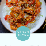 Szechuan tofu and in a bowl, text overlay