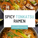 image collage of vegan tonkotsu in the pan before and after adding tofu and toppings, text overlay