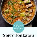 vegan tonkotsu in the pan after adding tofu and toppings, text overlay