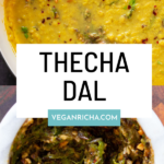 image collage showing close-up of thecha dal in the skillet and the mortar of thecha, text overlay