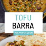 tofu barra in the pan and on a plate, text overlay
