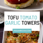 baked vegan caprese stacks on a plate and in the baking pan, text overlay