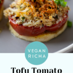 baked vegan caprese stack on a plate, text overlay