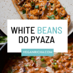 beans do pyaza served on toast and in the pan after cooking, text overlay