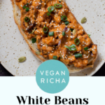 beans do pyaza served on toast, text overlay